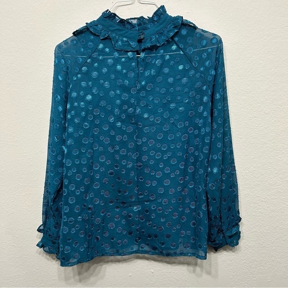 Dark ocean green jacquard-ruffle collar  Blouse Size L - Picture 6 of 10